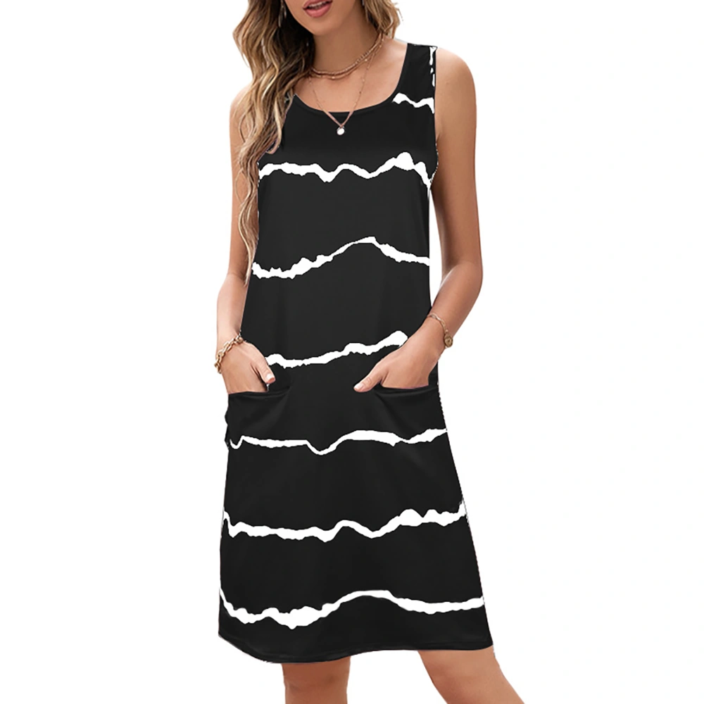 Stripe Sleeveless Dress Casual Loose Sides Pockets Simple Crewneck Summer Stripe Dress Black S