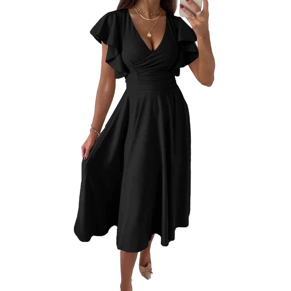 Short Ruffle Sleeve Dress Women Stylish Elegant Pure Color Wrap V Neck Waist Gathered Midi Dress for Work Black L