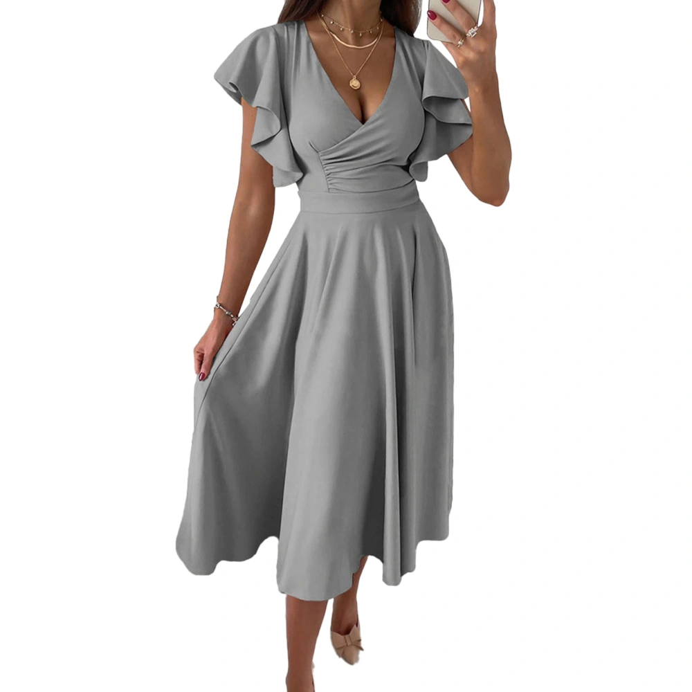 Short Ruffle Sleeve Dress Women Stylish Elegant Pure Color Wrap V Neck Waist Gathered Midi Dress for Work Grey L