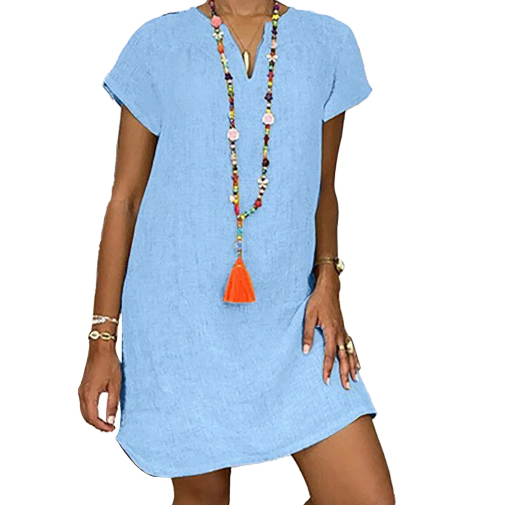 V Neck Short Sleeve Dress Casual Loose Fashion Soft Elastic Simple Flowy Shirt Dress for Summer Light Blue L