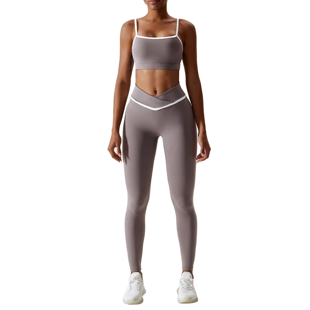 2 Piece Yoga Suit Color Block Spaghetti Strap Cross Waist Female Sport Yoga Suit for Running Pants Purple Grey 14/XL