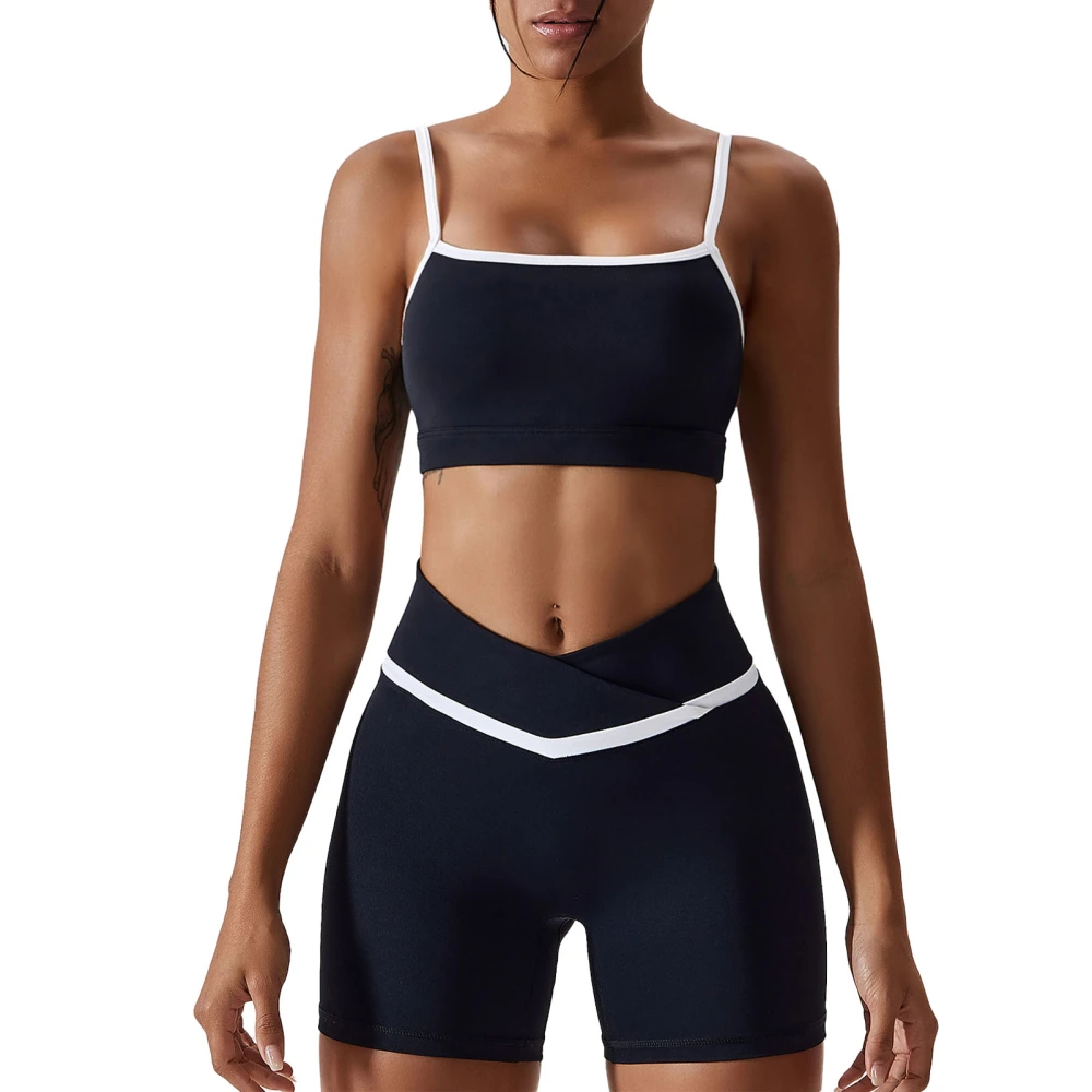 2 Piece Yoga Suit Color Block Spaghetti Strap Cross Waist Female Sport Yoga Suit for Running Shorts Advanced Black 10/M