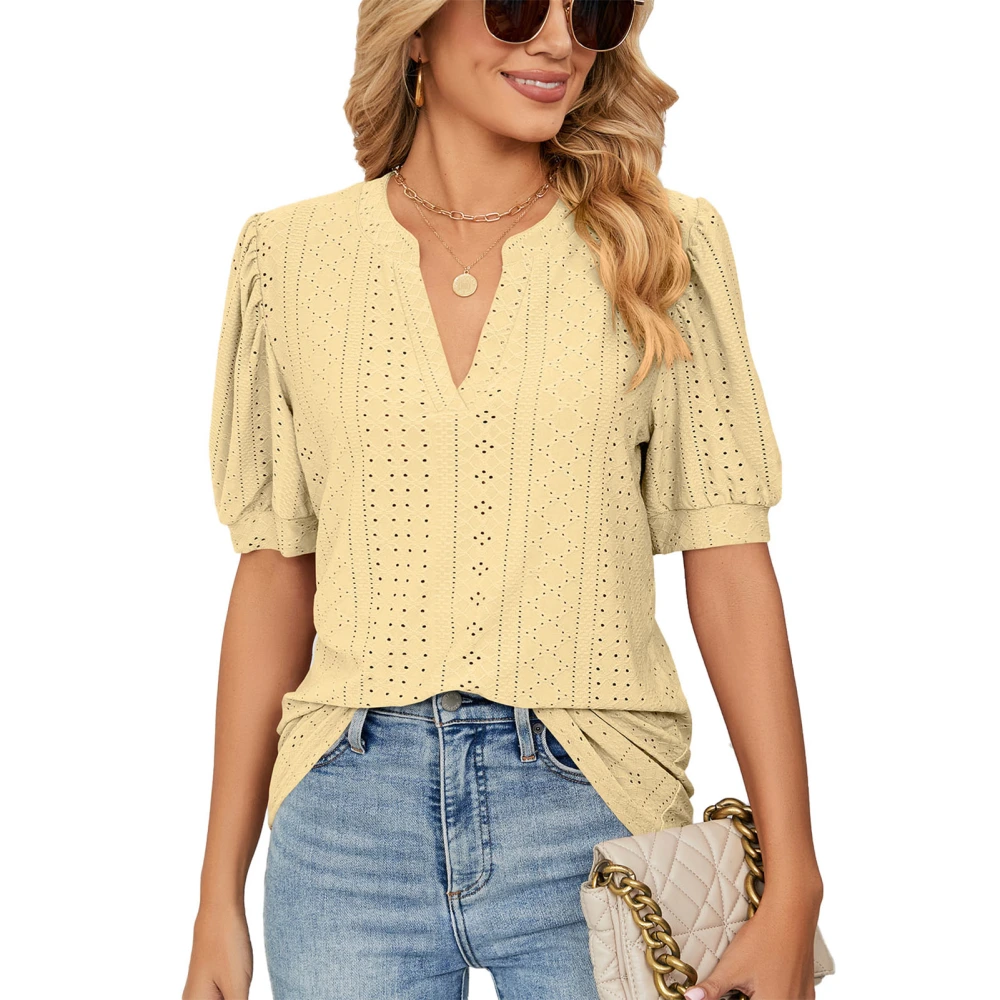 Women V Neck Top Lantern Short Sleeve Hollow Out Pure Color Breathable Pullover Top Yellow XXL