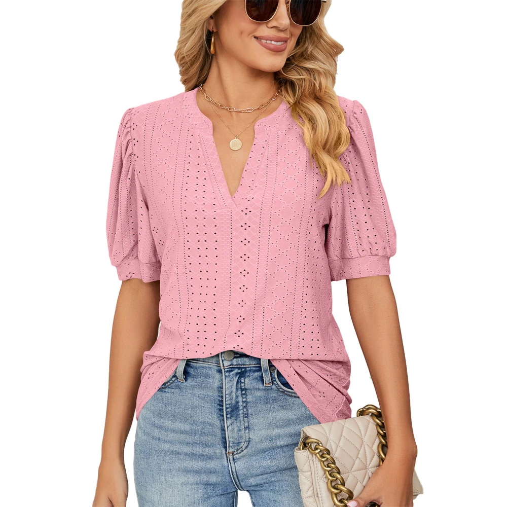 Women V Neck Top Lantern Short Sleeve Hollow Out Pure Color Breathable Pullover Top Pink S