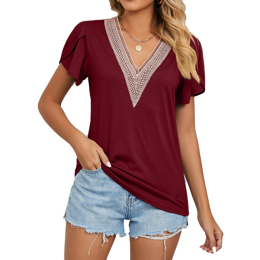 Women V Neck Top Short Petal Sleeves Lace Splicing Pure Color Loose Type Casual T Shirt Wine Red XXL