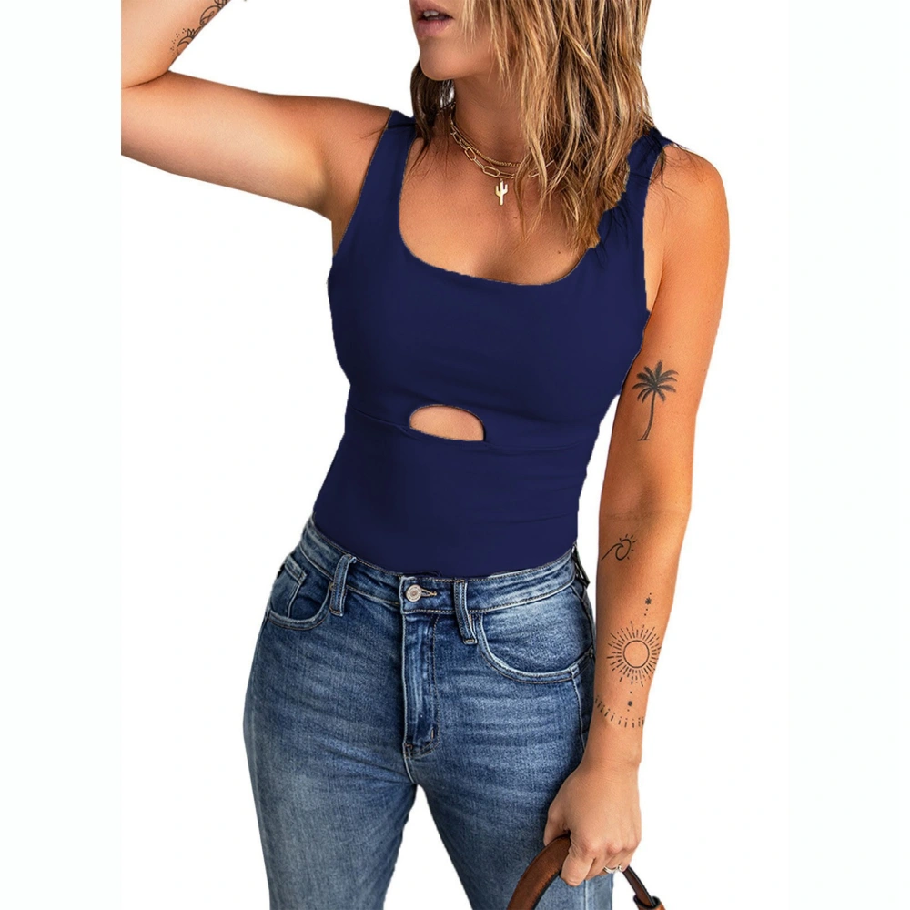 Women Tank Top U Neck Hollow Out Pure Color Slim Fitted Summer Sleeveless Vest for Daily Wear Purplish Blue XL