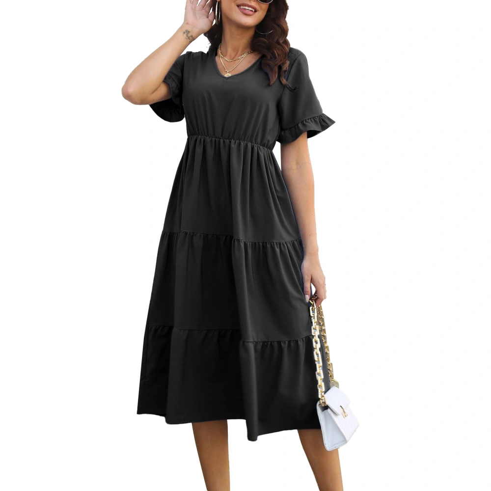 Women Long Dress V Neck Short Sleeves Ruffle Hem Pure Color Casual Dress for Daily Wear Black S