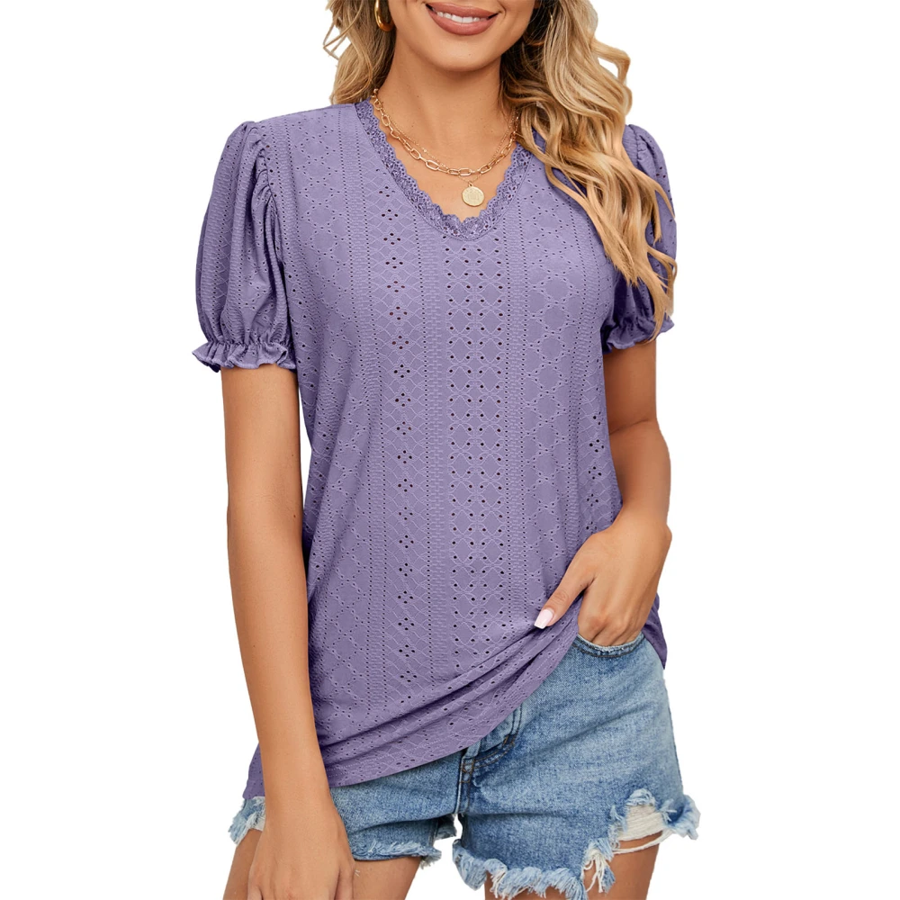 Women T Shirt Short Sleeve Lace Trim V Neck Dotted Hollow Pure Color Lady Pullover Top for Spring Summer Purple L