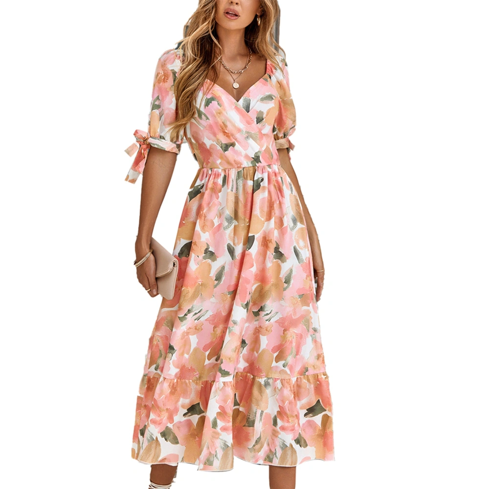 Puff Sleeve Ruffle Maxi Dress Floral Print High Waist V Neck Elegant Flowy Long Dress for Dating Pink XL