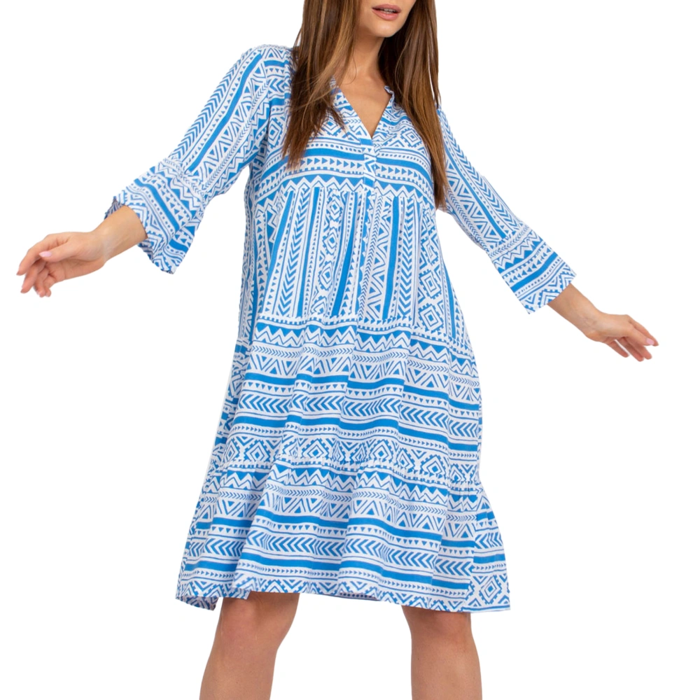 V Neck Long Dress for Women 3/4 Sleeve Breathable Fashion Loose Hemline Print Dress for Daily Casual Party Blue M