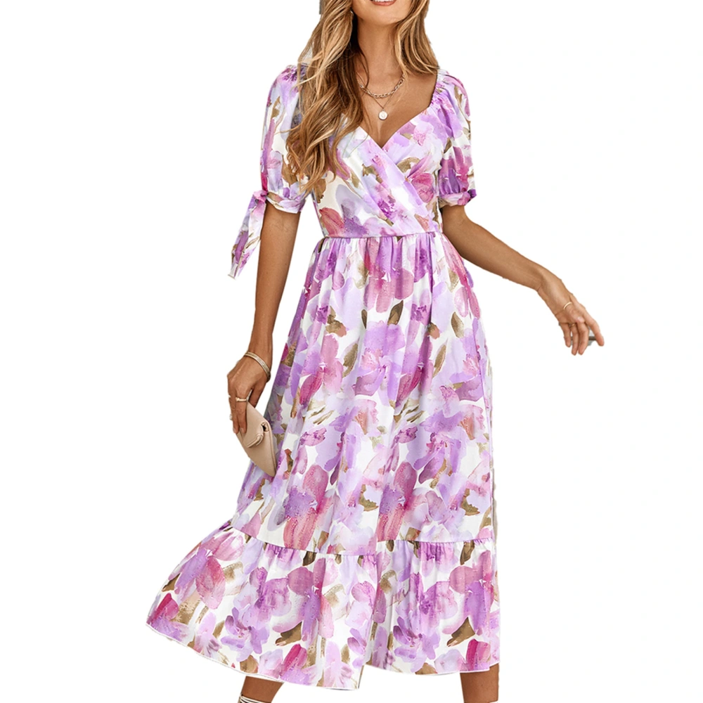 Puff Sleeve Ruffle Maxi Dress Floral Print High Waist V Neck Elegant Flowy Long Dress for Dating Purple XL