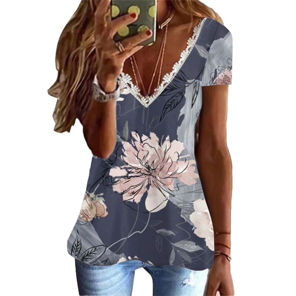 T Shirt Lace Trim V Neck Short Sleeve Comfortable Basic Summer Top for Home Work Type 1 XL