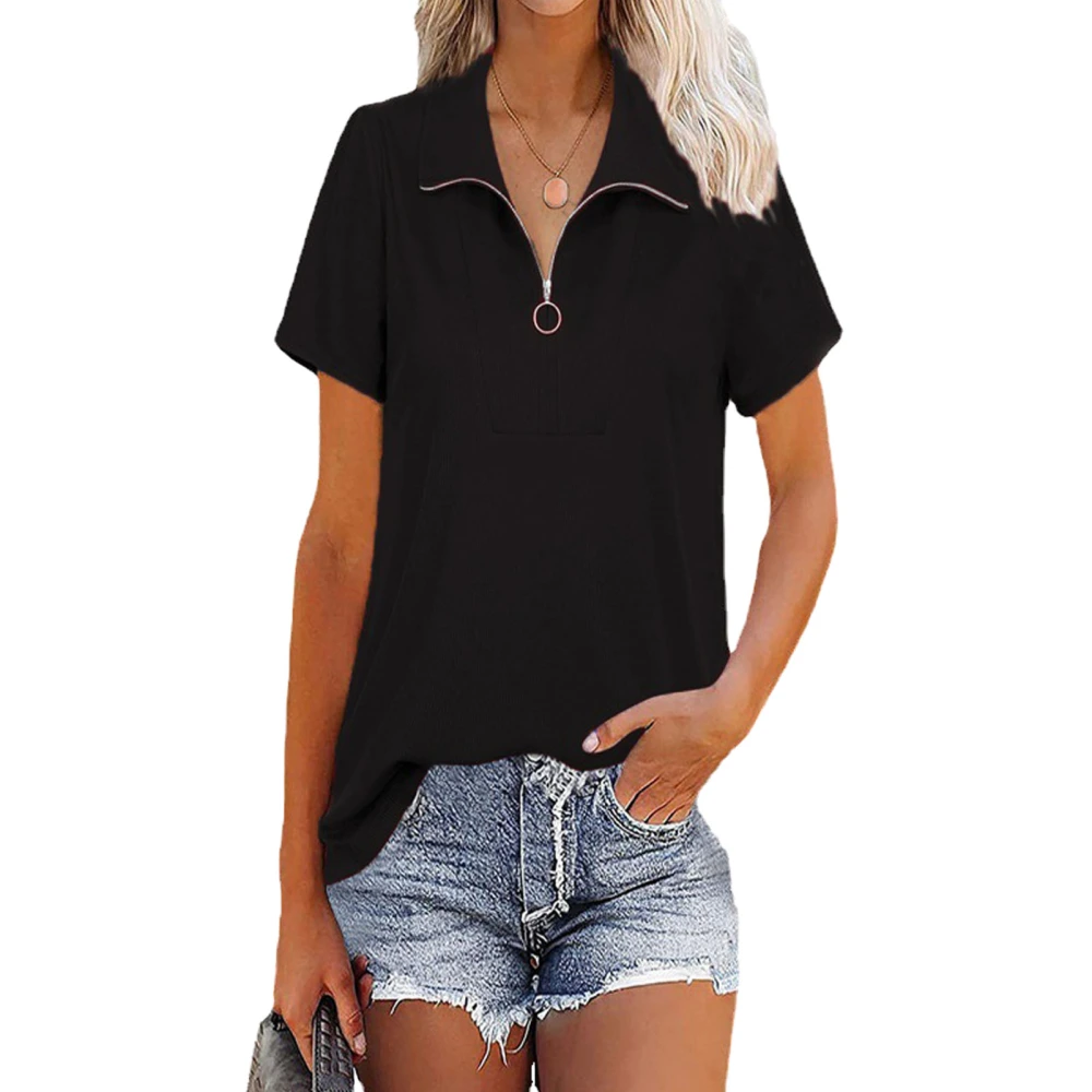 Women Turn Down Collar T Shirt Half Zipper Collar Short Sleeve Top Loose Solid Color for Spring Summer Black XL