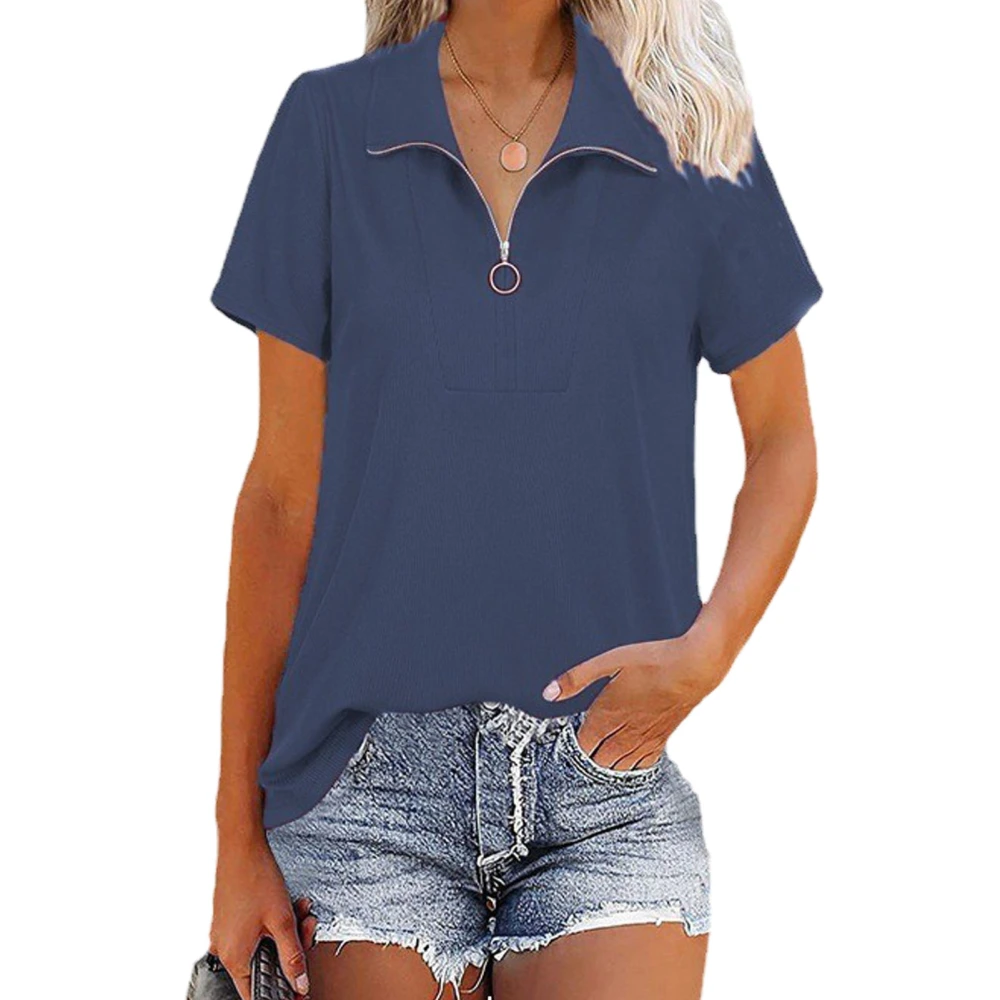 Women Turn Down Collar T Shirt Half Zipper Collar Short Sleeve Top Loose Solid Color for Spring Summer Blue XL