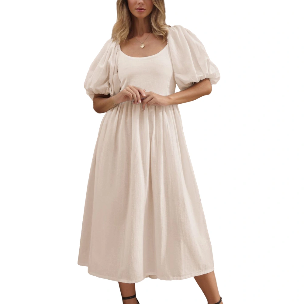 Women Dress A Line Lantern Sleeve Crew Neck Shirred Backless High Waist Summer Dress Apricot L