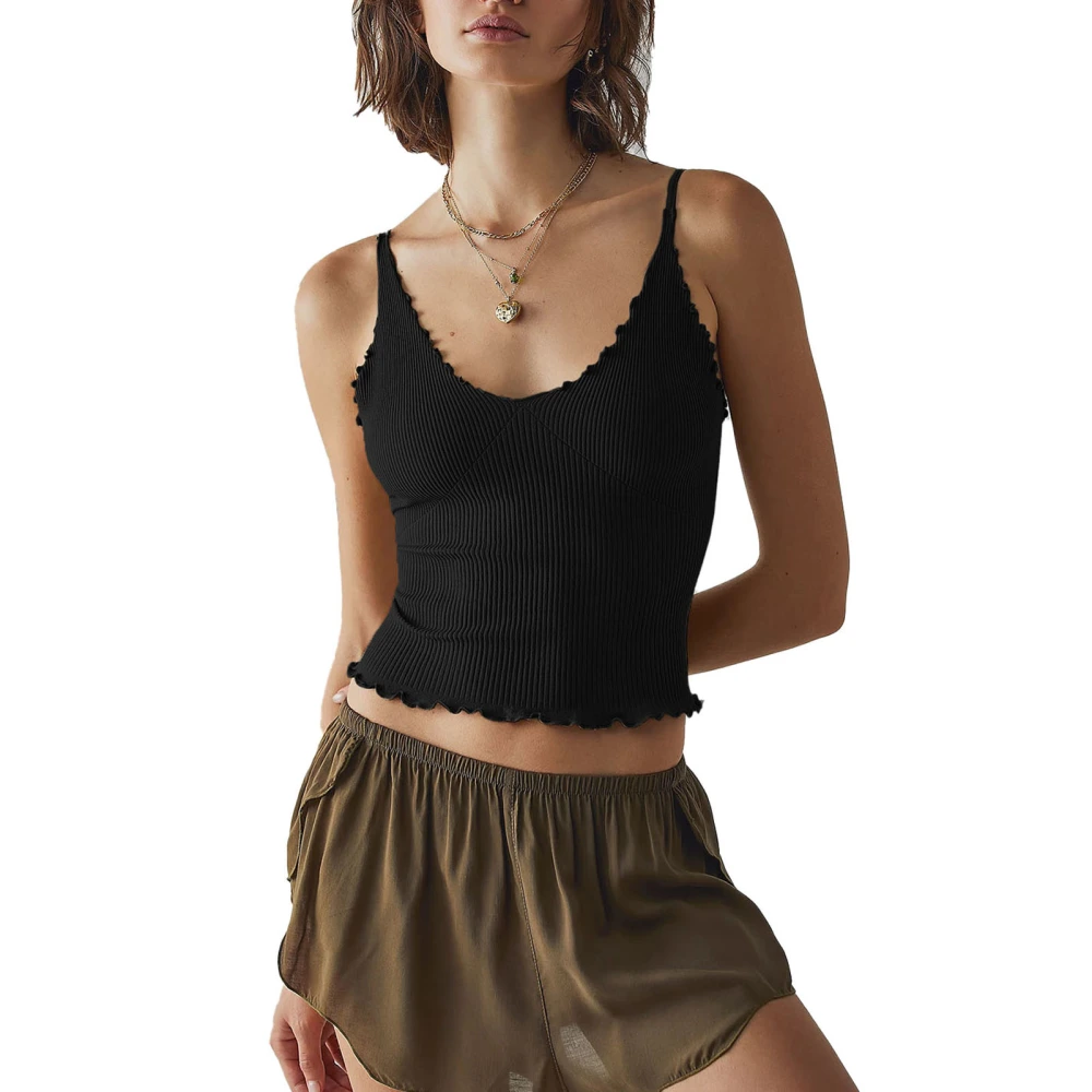 Summer Camisole V Neck Backless Pure Color Erogenous Casual Regulable Polyester Skin Friendly Tank Top for Home Black M