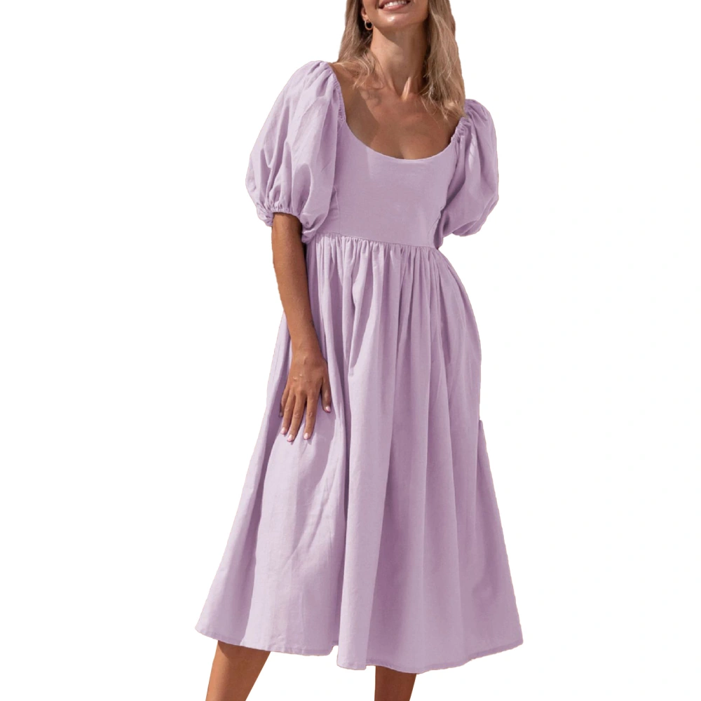 Women Dress A Line Lantern Sleeve Crew Neck Shirred Backless High Waist Summer Dress Purple XL