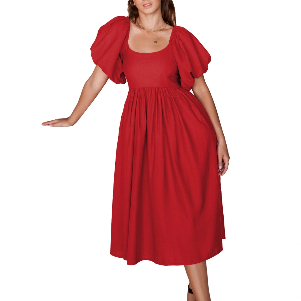 Women Dress A Line Lantern Sleeve Crew Neck Shirred Backless High Waist Summer Dress Red XL