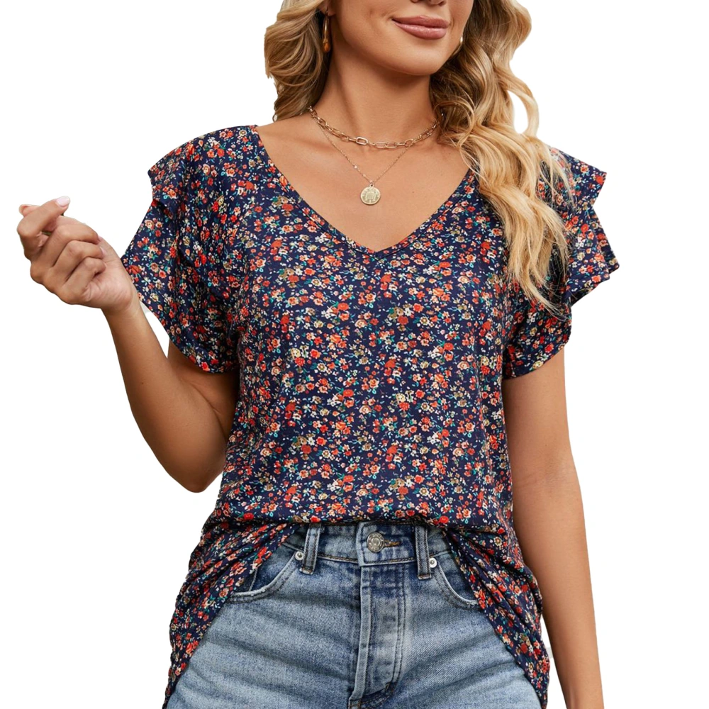 Women V Neck T Shirts Summer Stylish Print Double Ruffles Loose Women Short Sleeve Casual Summer Tops No. 4 Flower XXL