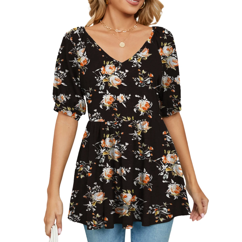 V Neck Top for Women Puff Sleeves Soft Comfortable Printing T Shirt for Daily Shopping Type 7 XL