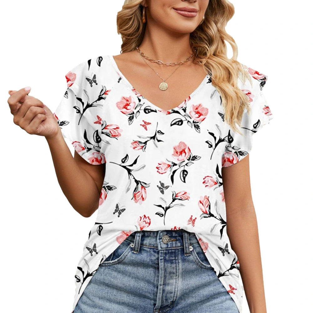 Women V Neck T Shirts Summer Stylish Print Double Ruffles Loose Women Short Sleeve Casual Summer Tops White Flowers M