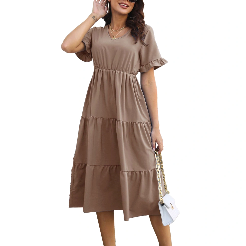 Women Long Dress V Neck Short Sleeves Ruffle Hem Pure Color Casual Dress for Daily Wear Dark Khaki M