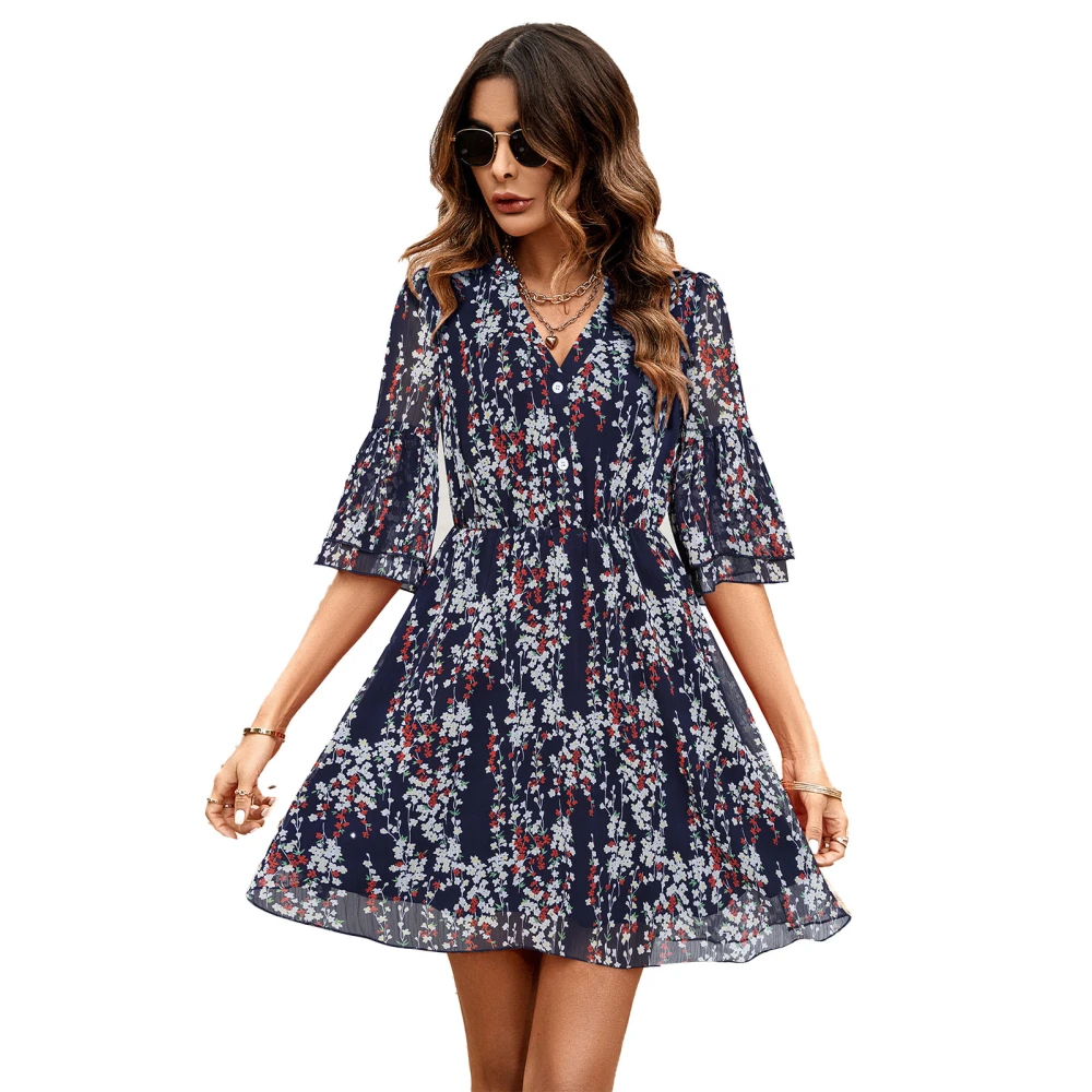 Printed Dress Women V Neck 1/2 Sleeve Polyester Fashion Casual for Spring Summer Blue L