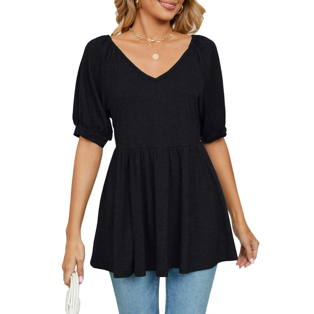 Loose Ruffle Hem Blouse Top V Neck Puff Short Sleeve Women T Shirt Top for Spring Summer Black XXL