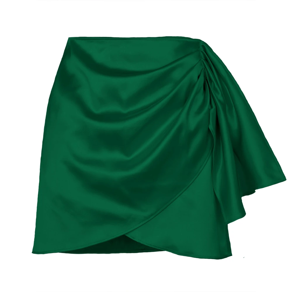 High Waist Ruched Skirt Women Elegant Pure Color Satin Back Zipper Wrap Hem Skirt for Cocktail Party Green XL