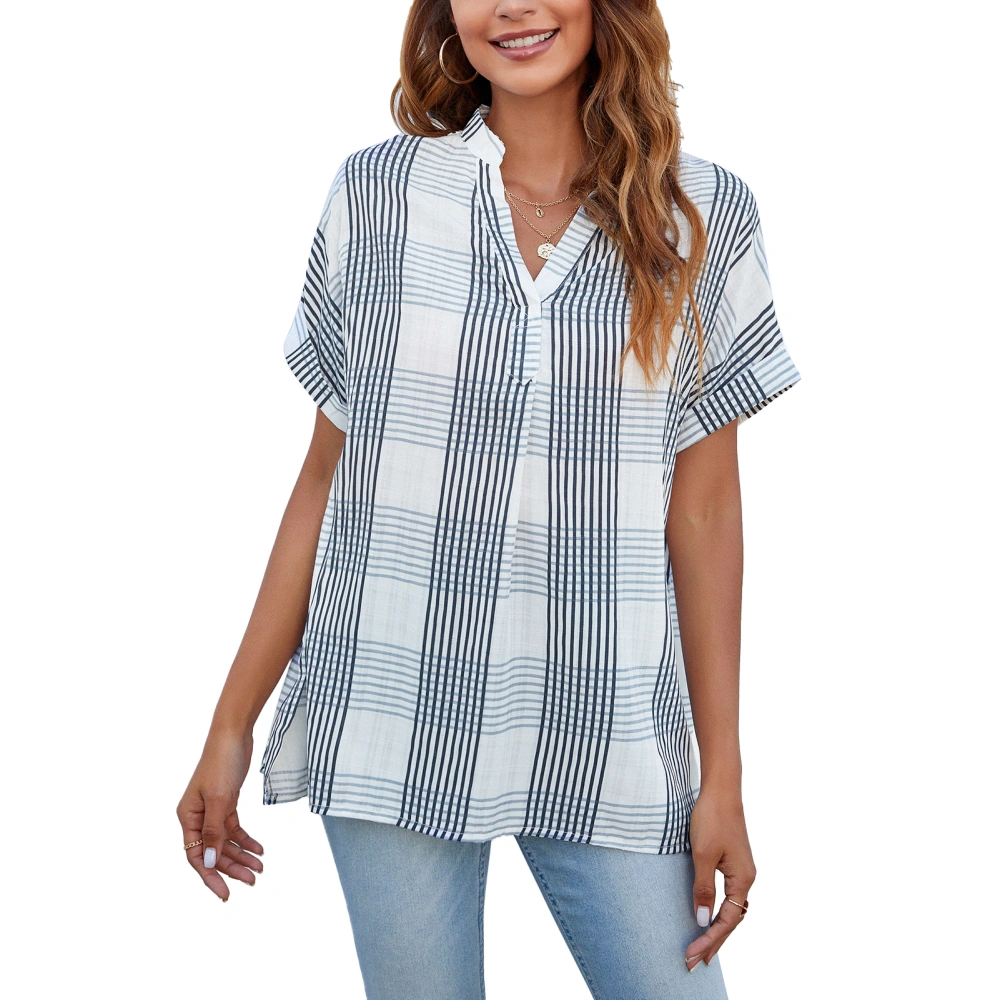 Women Summer V Neck Blouse Comfortable Casual Loose Hem Short Sleeve Shirt for Ladies Plaid XL