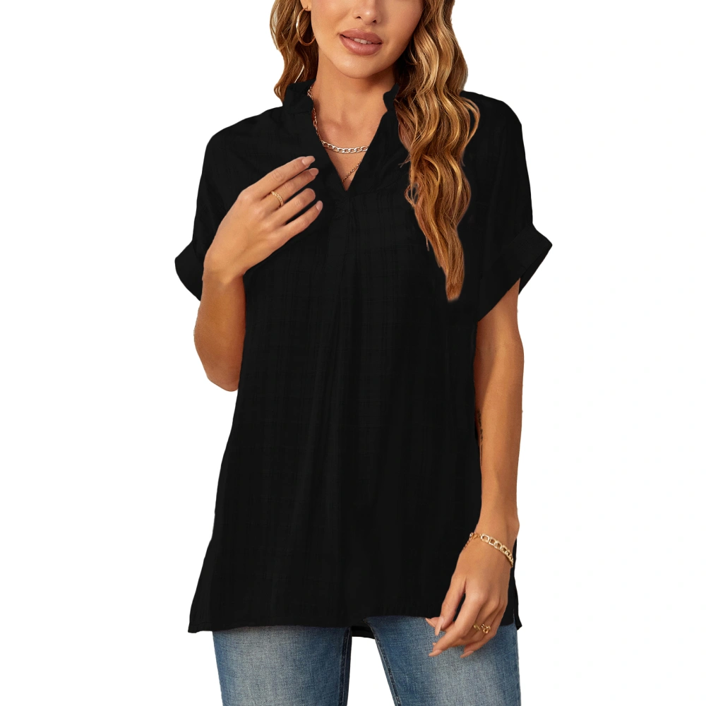 Women Summer V Neck Blouse Comfortable Casual Loose Hem Short Sleeve Shirt for Ladies Black XL