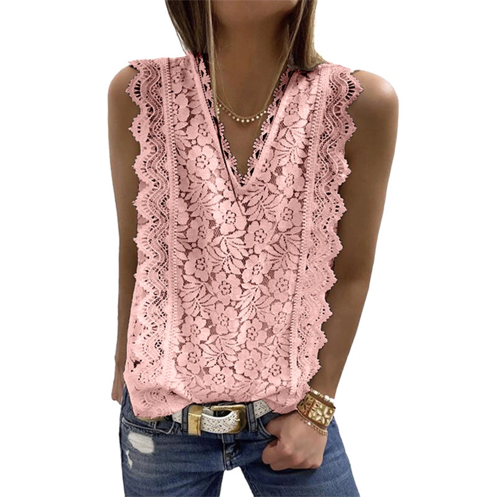 Women Lace V Neck Tunic Tank Top Breathable Casual Sleeveless Shirt Blouse for Summer Pink M