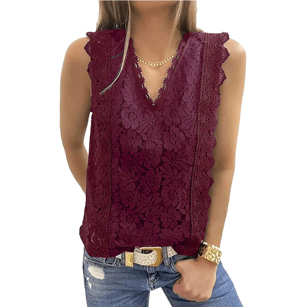 Women Lace V Neck Tunic Tank Top Breathable Casual Sleeveless Shirt Blouse for Summer Red M