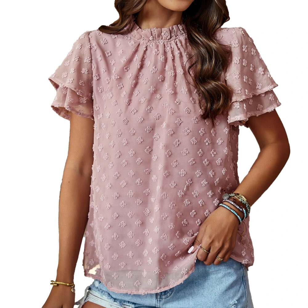 Women Dot Top Short Layered Sleeve Lace Round Neck Sweet Cute Loose Summer Casual Shirt Pink M