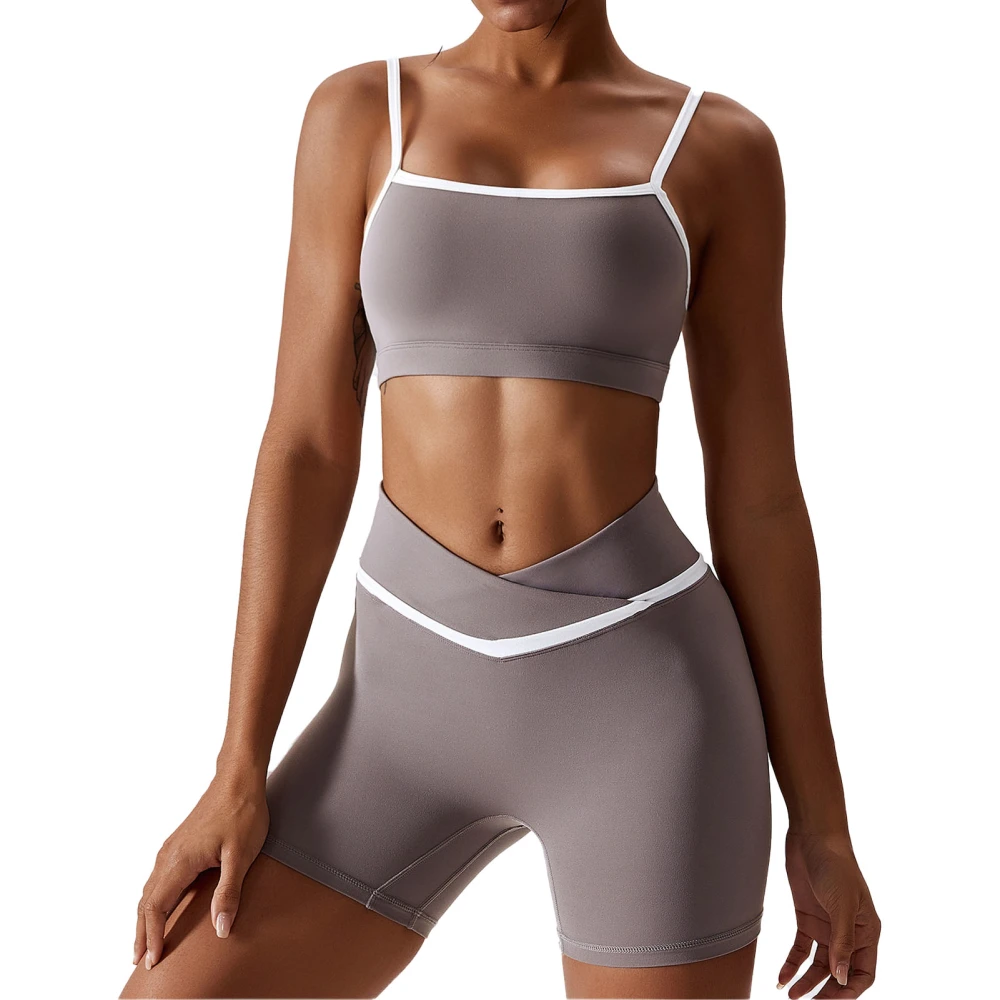 2 Piece Yoga Suit Color Block Spaghetti Strap Cross Waist Female Sport Yoga Suit for Running Shorts Purple Grey 12/L