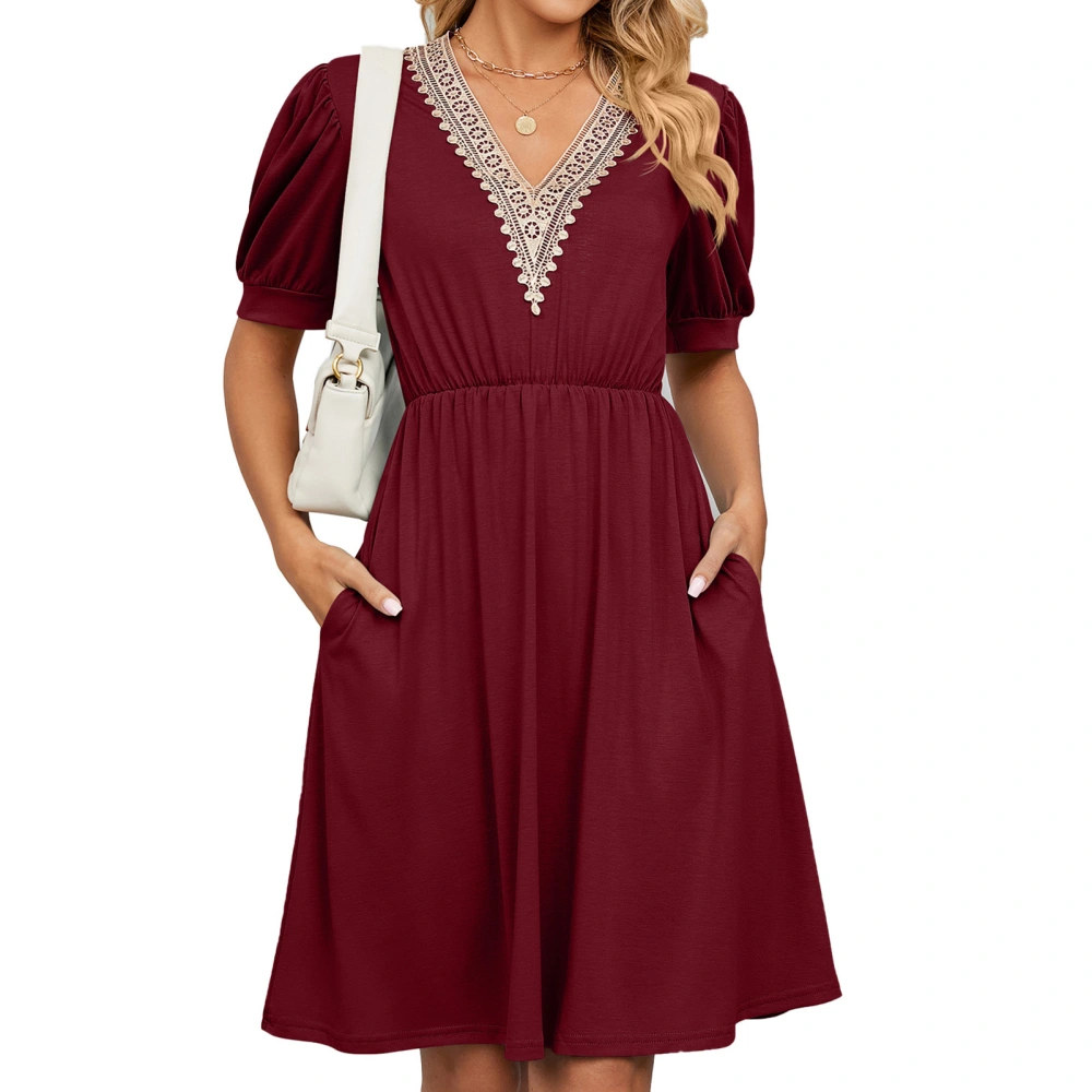 Lace Stitching Dress Puff Sleeve Side Pockets V Neck Fashionable Elegant Female Short Dress Burgundy XXL