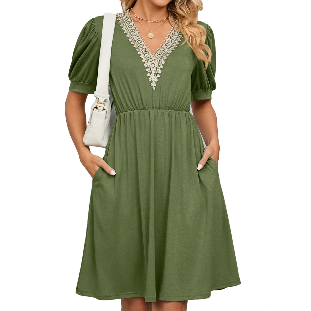 Lace Stitching Dress Puff Sleeve Side Pockets V Neck Fashionable Elegant Female Short Dress OD Green XXL