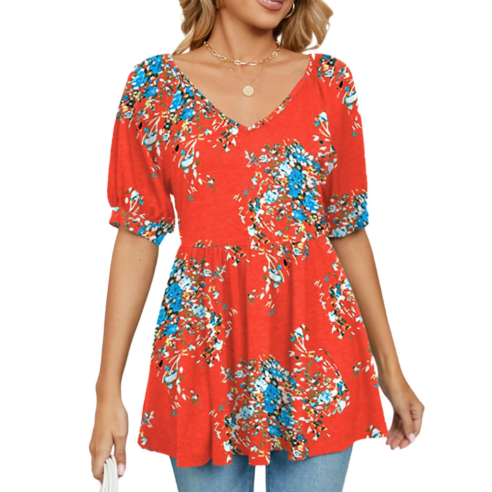 V Neck Top for Women Puff Sleeves Soft Comfortable Printing T Shirt for Daily Shopping Type 8 L