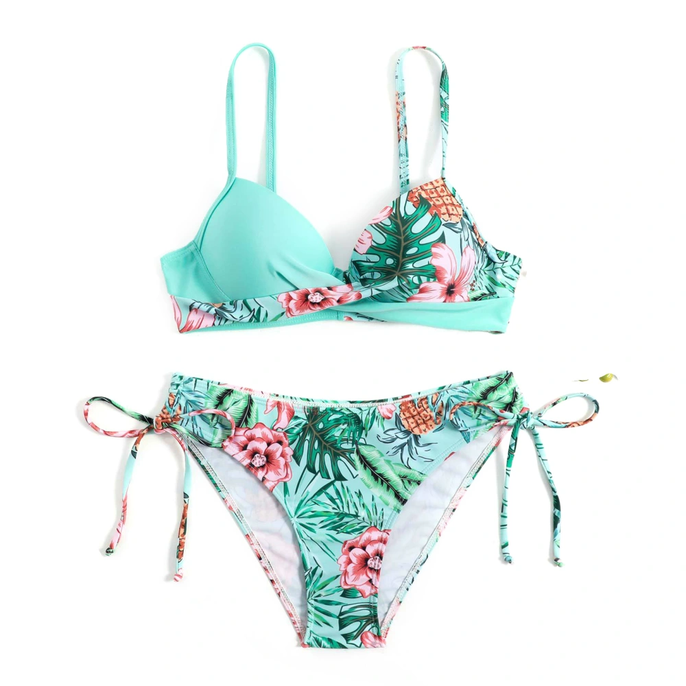 Bikini Swimsuit Swimwear Floral Print Twist Front Adjustable Straps Lace Up High Waist 2 Piece Bikini Bathing Suit Blue S