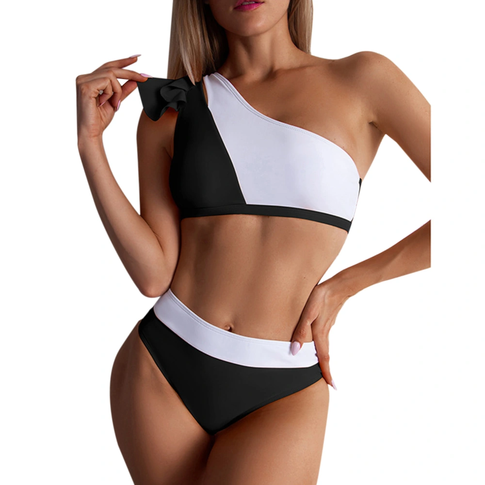 Women One Shoulder Bikini Color Blocking Stretch Tight Fit High Waisted Bikini Set for Swimming Party Black and White S