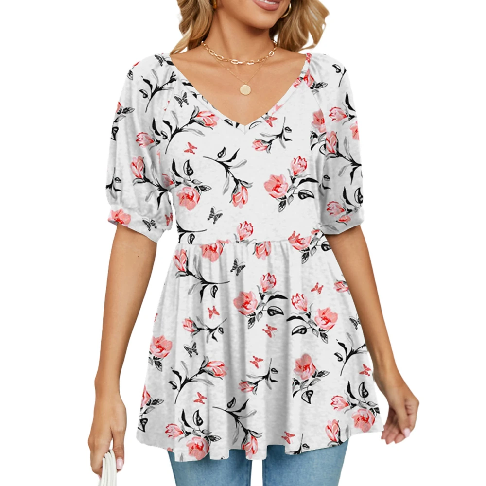 V Neck Top for Women Puff Sleeves Soft Comfortable Printing T Shirt for Daily Shopping Type 6 M