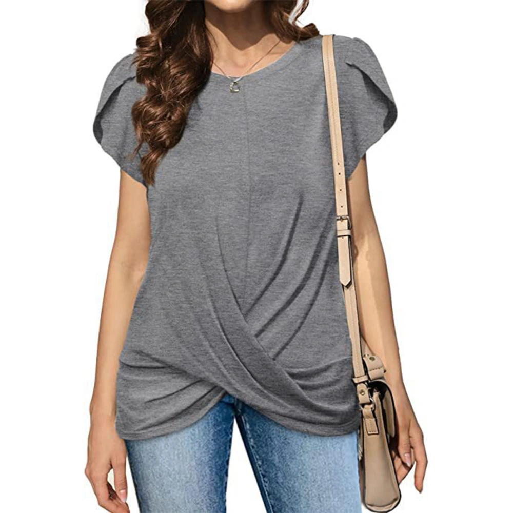 Women Twist Front Shirt Short Petal Sleeve Round Neck Pure Color Loose Causal Women Shirt Top Blouse Grey M