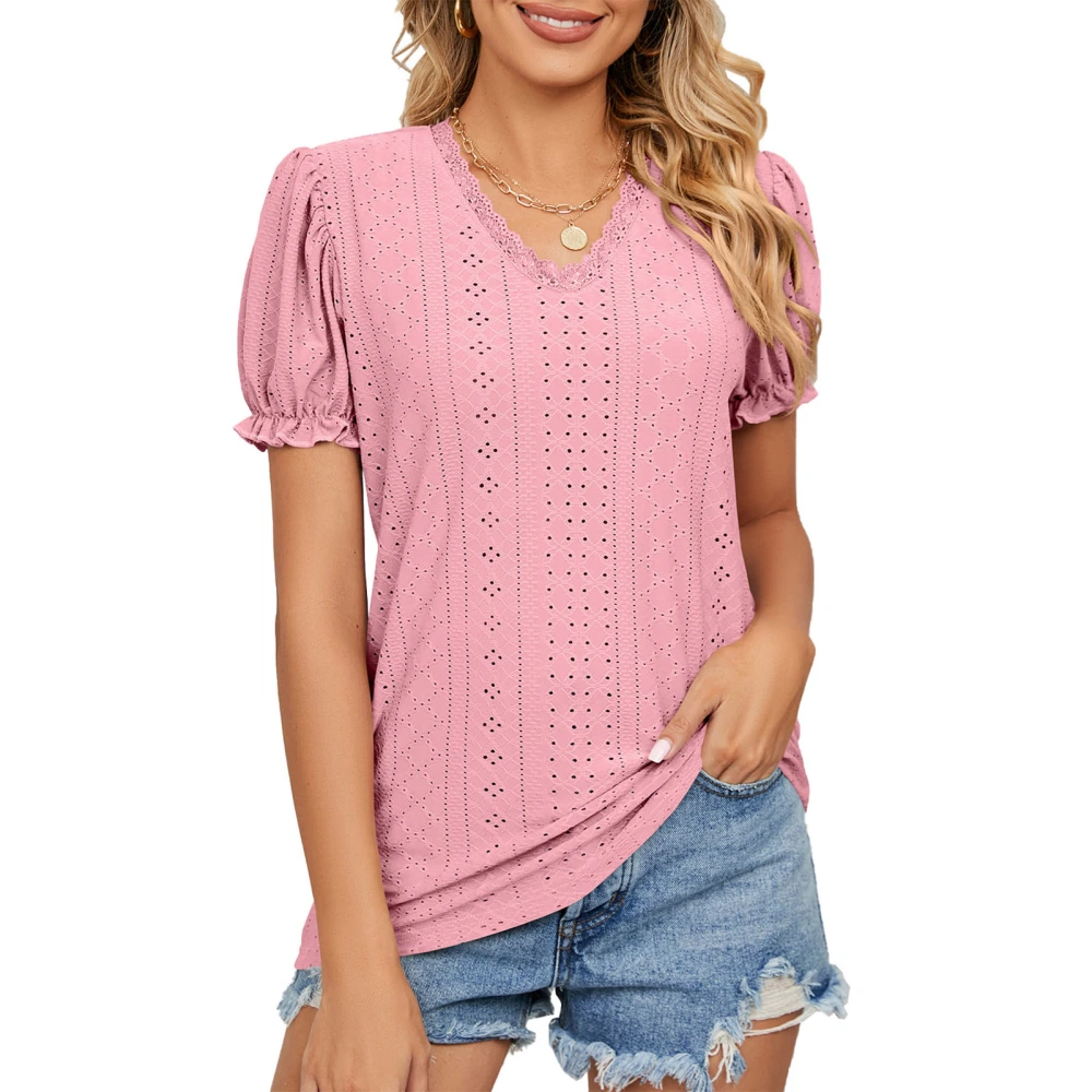 Women T Shirt Short Sleeve Lace Trim V Neck Dotted Hollow Pure Color Lady Pullover Top for Spring Summer Pink M