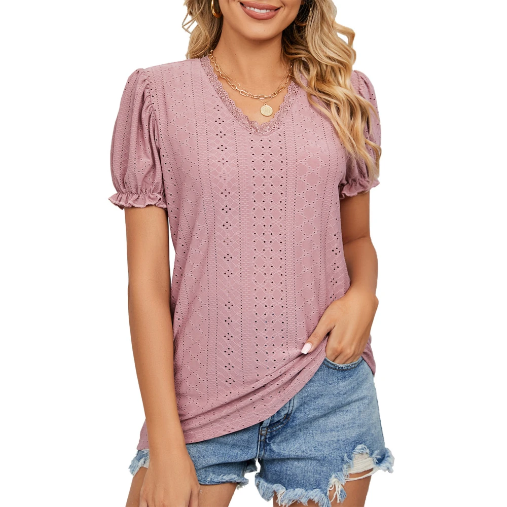 Women T Shirt Short Sleeve Lace Trim V Neck Dotted Hollow Pure Color Lady Pullover Top for Spring Summer Skin Pink S