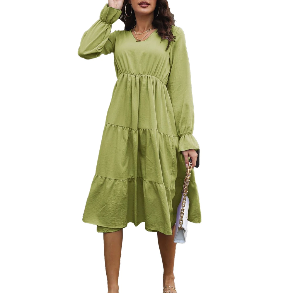 Large Hemline Dress Layered Flared Sleeve V Neck Solid Color Machine Washable for Women Grass Green S