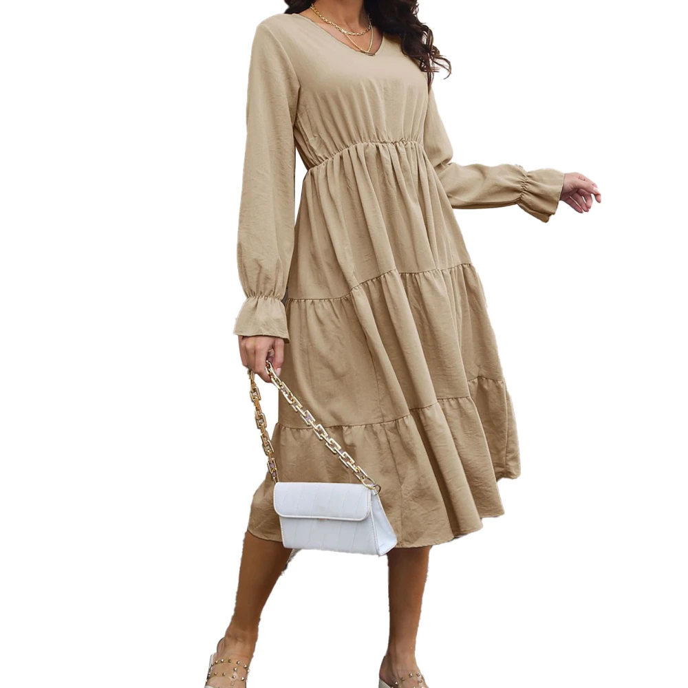 Large Hemline Dress Layered Flared Sleeve V Neck Solid Color Machine Washable for Women Khaki L