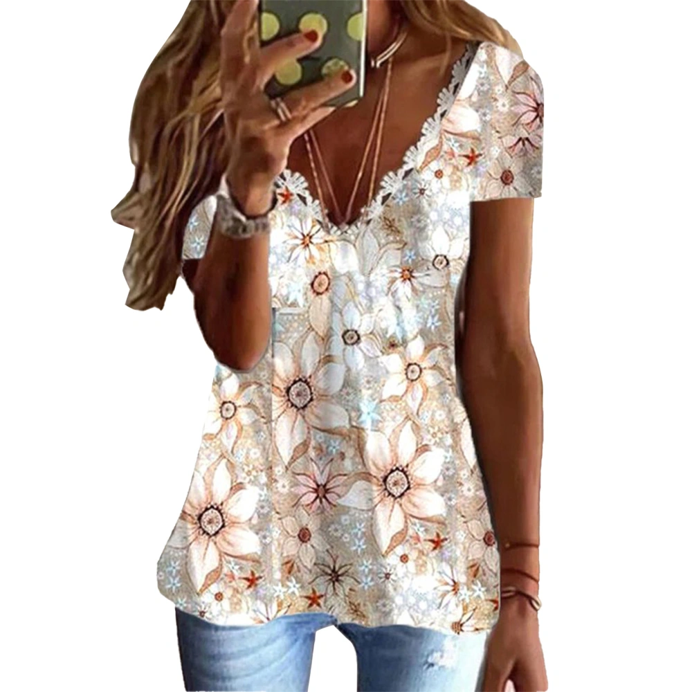 T Shirt Lace Trim V Neck Short Sleeve Comfortable Basic Summer Top for Home Work Type 2 XL