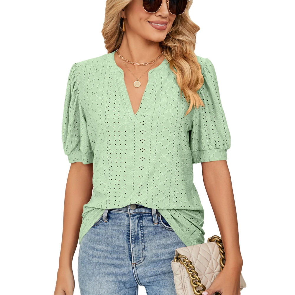 Women V Neck Top Lantern Short Sleeve Hollow Out Pure Color Breathable Pullover Top Light Green L