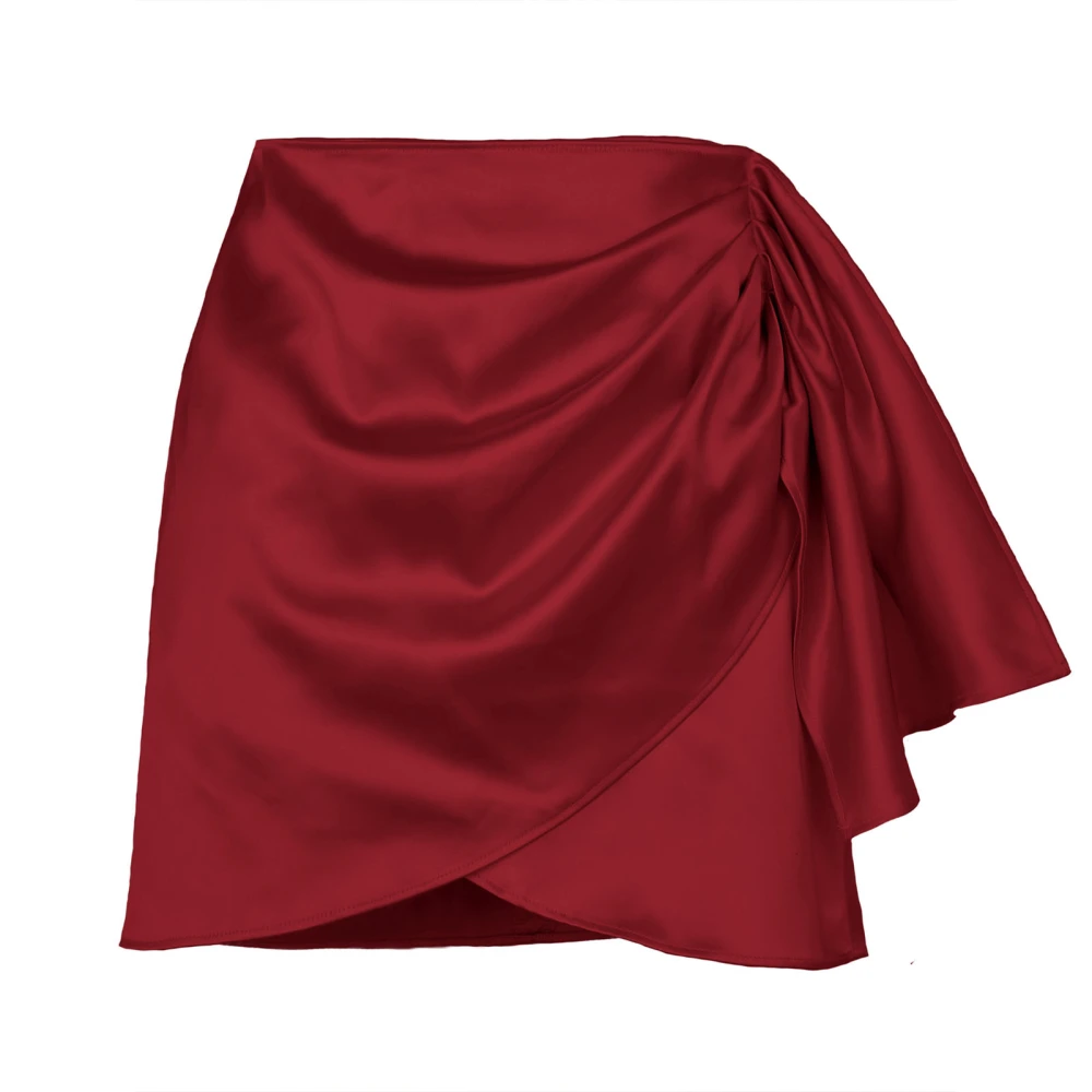 High Waist Ruched Skirt Women Elegant Pure Color Satin Back Zipper Wrap Hem Skirt for Cocktail Party Burgundy L