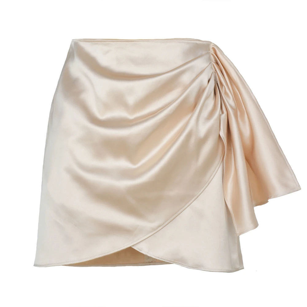 High Waist Ruched Skirt Women Elegant Pure Color Satin Back Zipper Wrap Hem Skirt for Cocktail Party Beige M